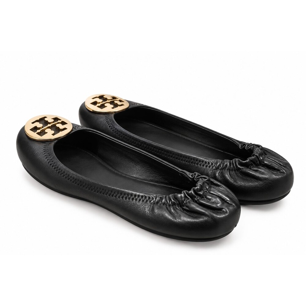 Tory Burch Women’s Black Leather Ballet Flats Gold Logo Slip-On Sz 8.5